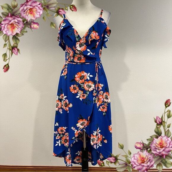 Floral Blue fake Wrap cold shoulder Dress with thin belt size small - Picture 1 of 13